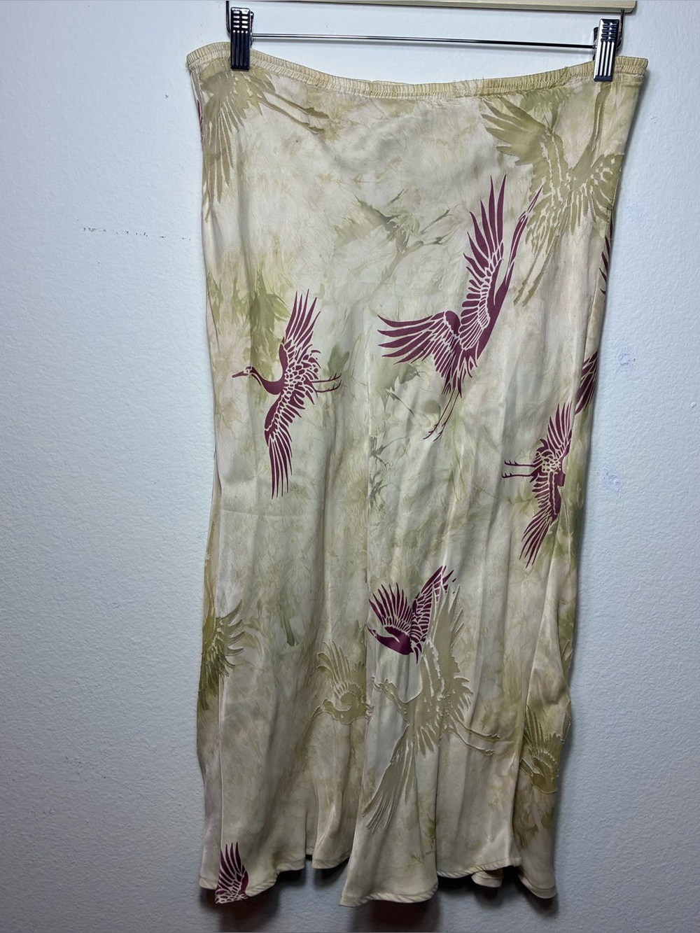 Citron Santa Monica Silk Crane Bird Midi Skirt Y2K Boho Size Med Vintage